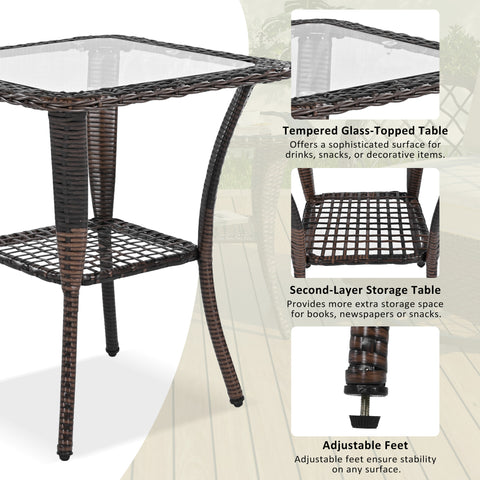 3-Piece Brown Rattan Outdoor Chat Set: 2 Swivel Rocker Chairs &amp; Glass Top Table for Garden Patio Balcony, Weather-Resistant Wicker Seating Group with Cushions