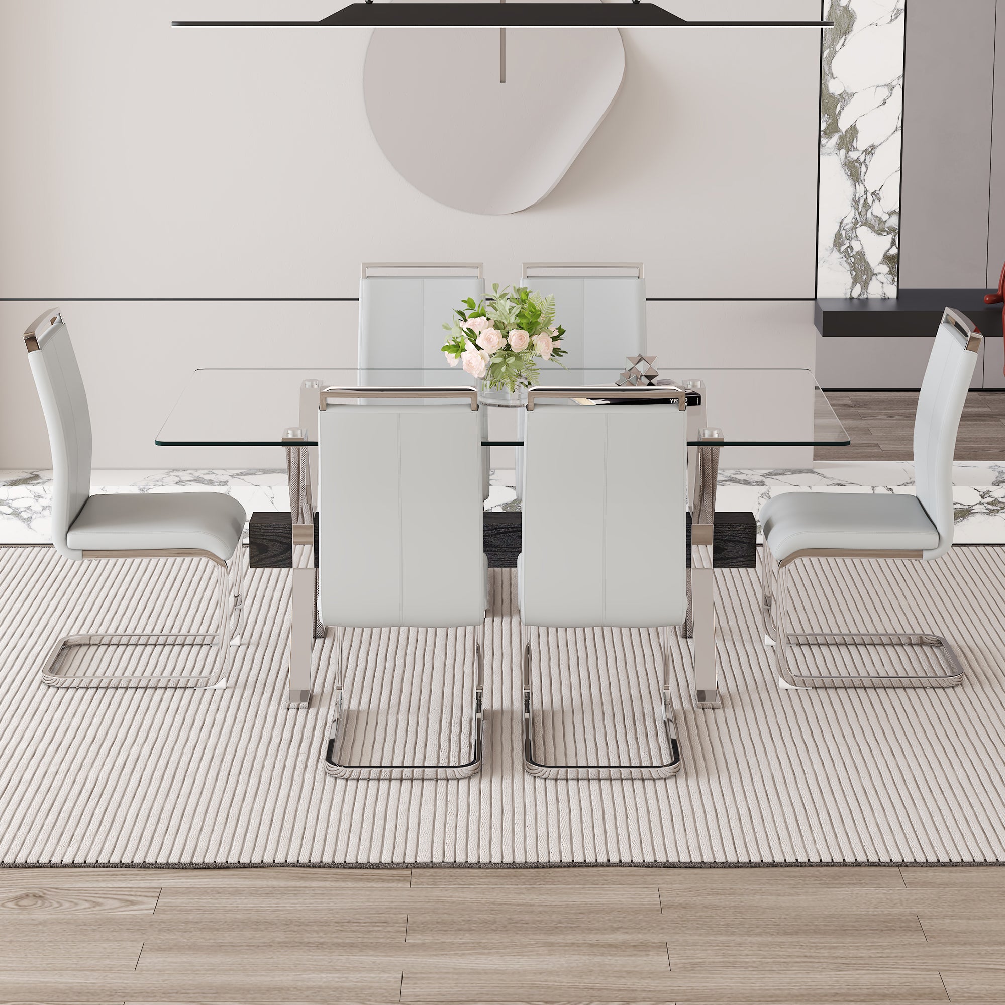 Elegant 71" Clear Tempered Glass Dining Table Set with 6 Light Gray PU Chairs, Silver Metal Legs - Modern Minimalist 6-Seater for Dining Room & Kitchen