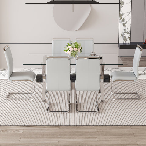 Elegant 71" Clear Tempered Glass Dining Table Set with 6 Light Gray PU Chairs, Silver Metal Legs - Modern Minimalist 6-Seater for Dining Room & Kitchen