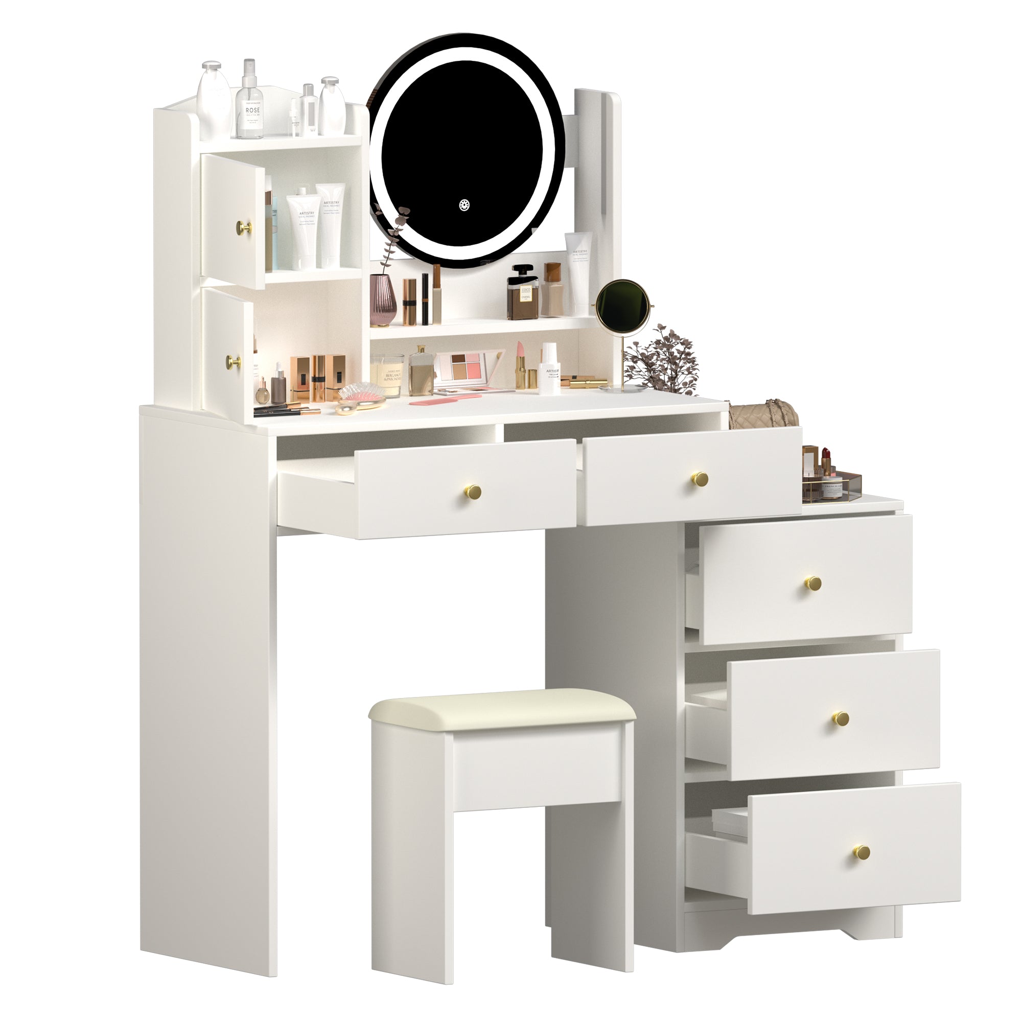 Fashion Vanity Desk with Mirror & Lights, 5 Drawers, White MDF, 47" Modern Makeup Table Set with Cushioned Stool, Adjustable 3-Color LED Lighting, Bedroom Furniture, Ideal Gift