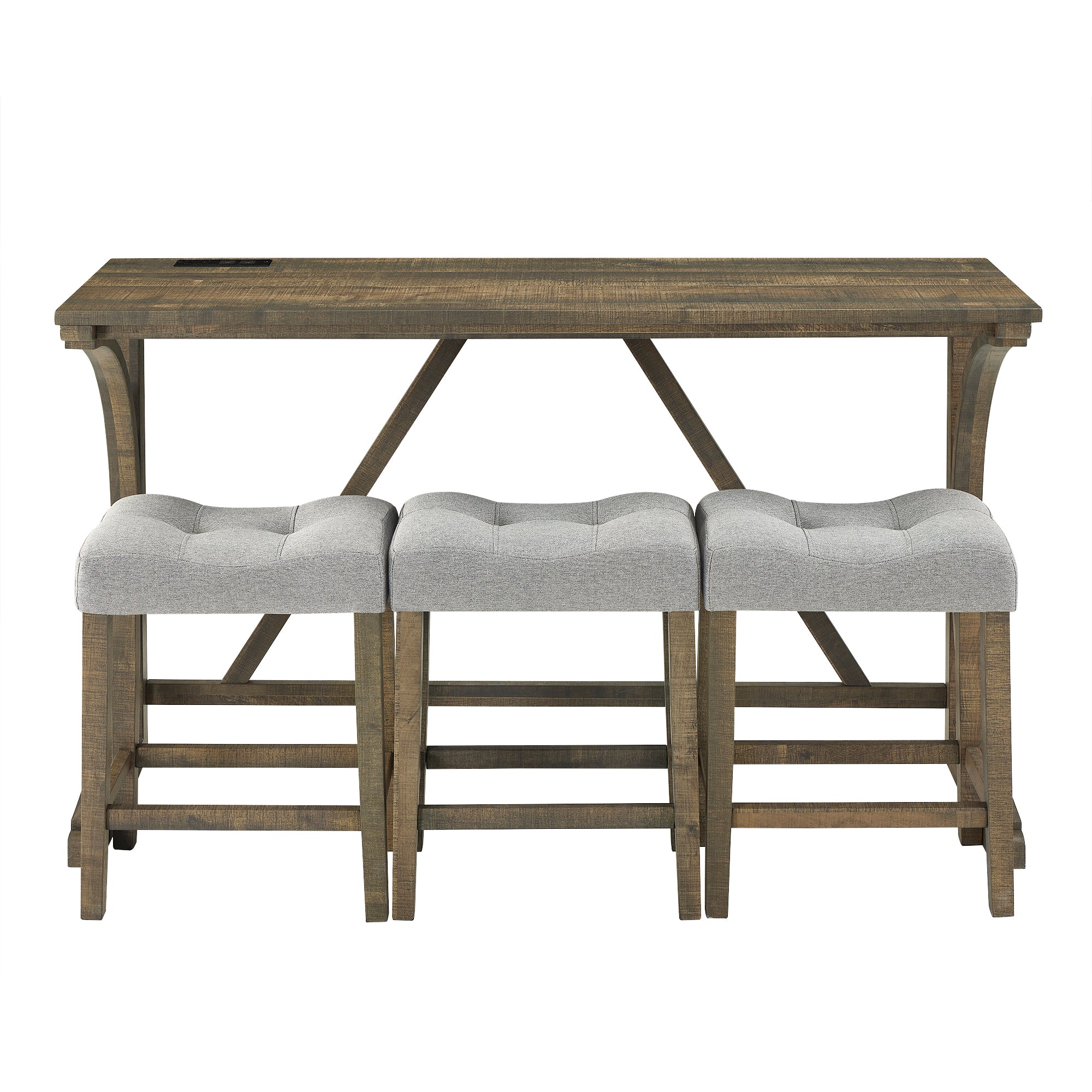 Industrial 4-Piece Bar Table Set with Power Outlet - Rustic Wood Grain Dining Table &amp; Comfy Linen Stools (59"x19"x36") - Space-Saving Breakfast Nook for Living Room, Game Room