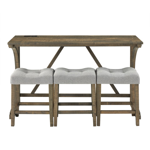 Industrial 4-Piece Bar Table Set with Power Outlet - Rustic Wood Grain Dining Table &amp; Comfy Linen Stools (59"x19"x36") - Space-Saving Breakfast Nook for Living Room, Game Room