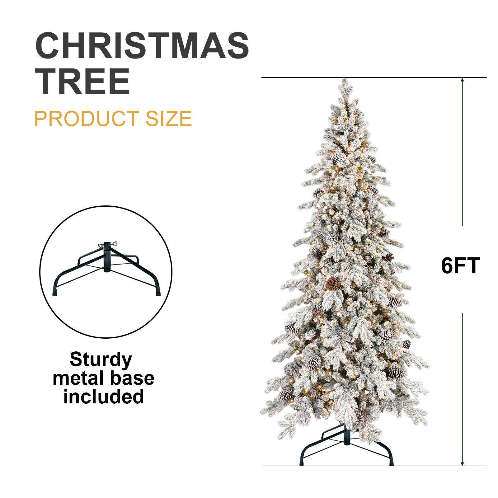 6FT Flocked Christmas Tree - 935 Tips, Snowy White &amp; Green PE/PVC Tree with 600 Warm White LEDs &amp; 31 Pine Cones. Hinged Branches, Metal Stand for Festive Home Decor