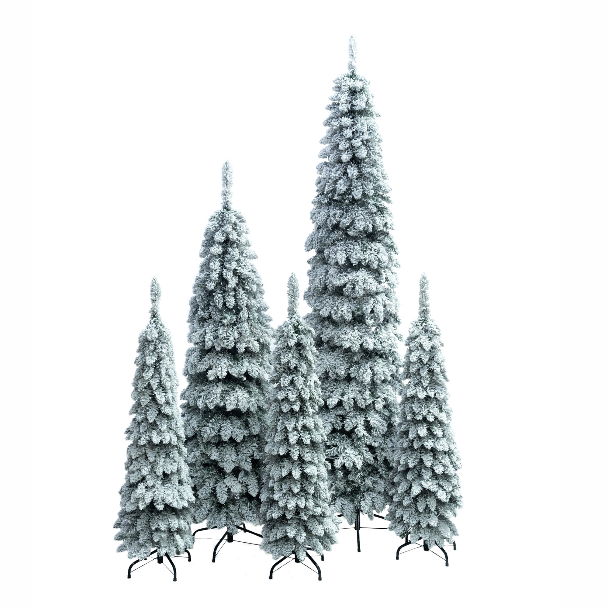 5-Set Pre-Lit Pencil Christmas Trees: 8ft, 6ft, 4ft Slim Artificial Trees w/ Snow Flocking, 350 LED Lights, 11 Modes, Realistic PVC, Indoor Holiday Decor