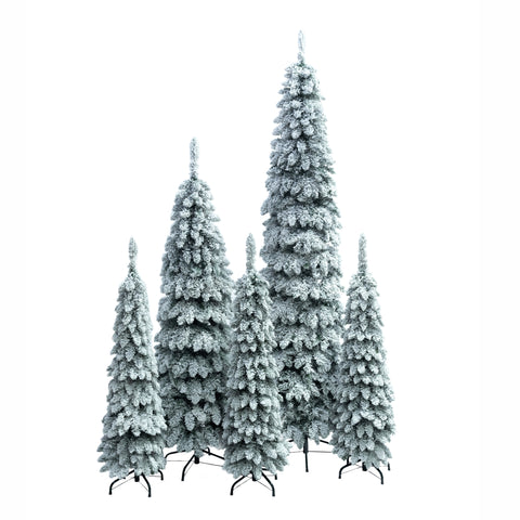 5-Set Pre-Lit Pencil Christmas Trees: 8ft, 6ft, 4ft Slim Artificial Trees w/ Snow Flocking, 350 LED Lights, 11 Modes, Realistic PVC, Indoor Holiday Decor