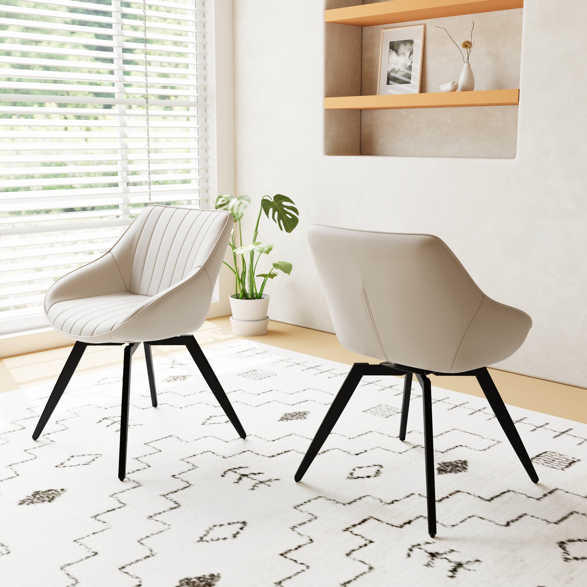 29.5" Modern Round MDF Coffee Table with Storage &amp; 2 Ergonomic PU Dining Chairs - Beige/Wood Finish, Black Metal Legs - Ideal for Kitchen, Living Room, Office Home Use