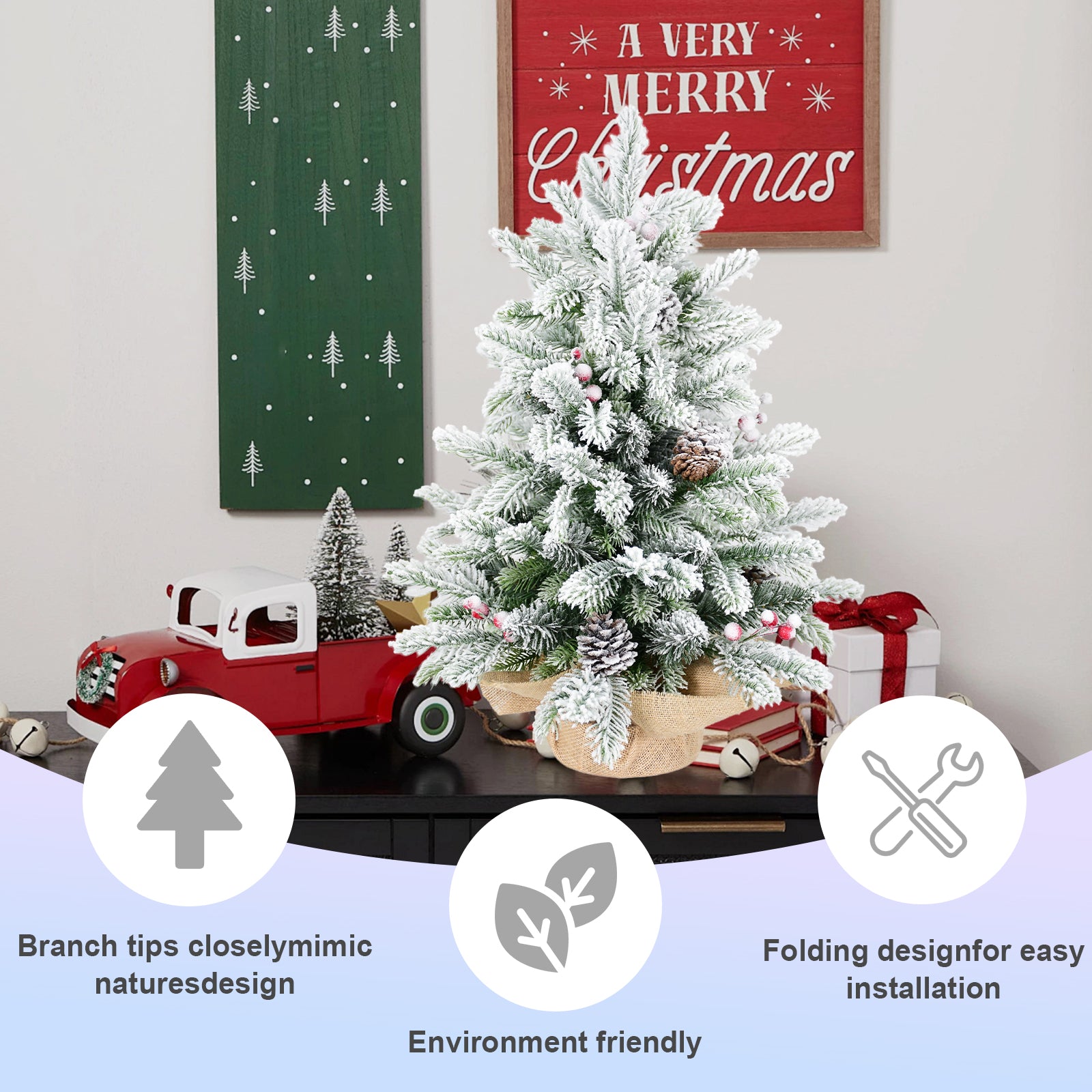 3FT Flocked Snow Christmas Tree | 355 PE/PVC Tips, Pine Cones &amp; Berries | Rustic Burlap Cement Base | Small Decorative Holiday Tree for Tabletop, Desk, Home &amp; Office Decor