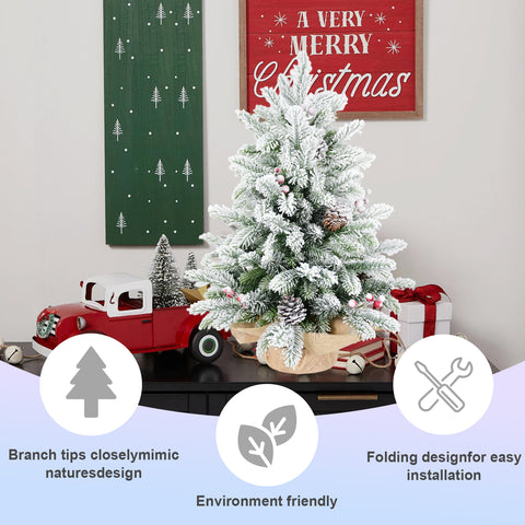 3FT Flocked Snow Christmas Tree | 355 PE/PVC Tips, Pine Cones &amp; Berries | Rustic Burlap Cement Base | Small Decorative Holiday Tree for Tabletop, Desk, Home &amp; Office Decor