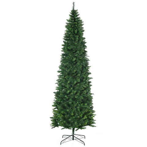 HOMCOM 9ft Slim Pencil Artificial Christmas Tree | 1298 Realistic Pine Needles | Auto-Open Design | Flame Retardant Green Plastic | Sturdy Steel Base | Holiday Home Decor