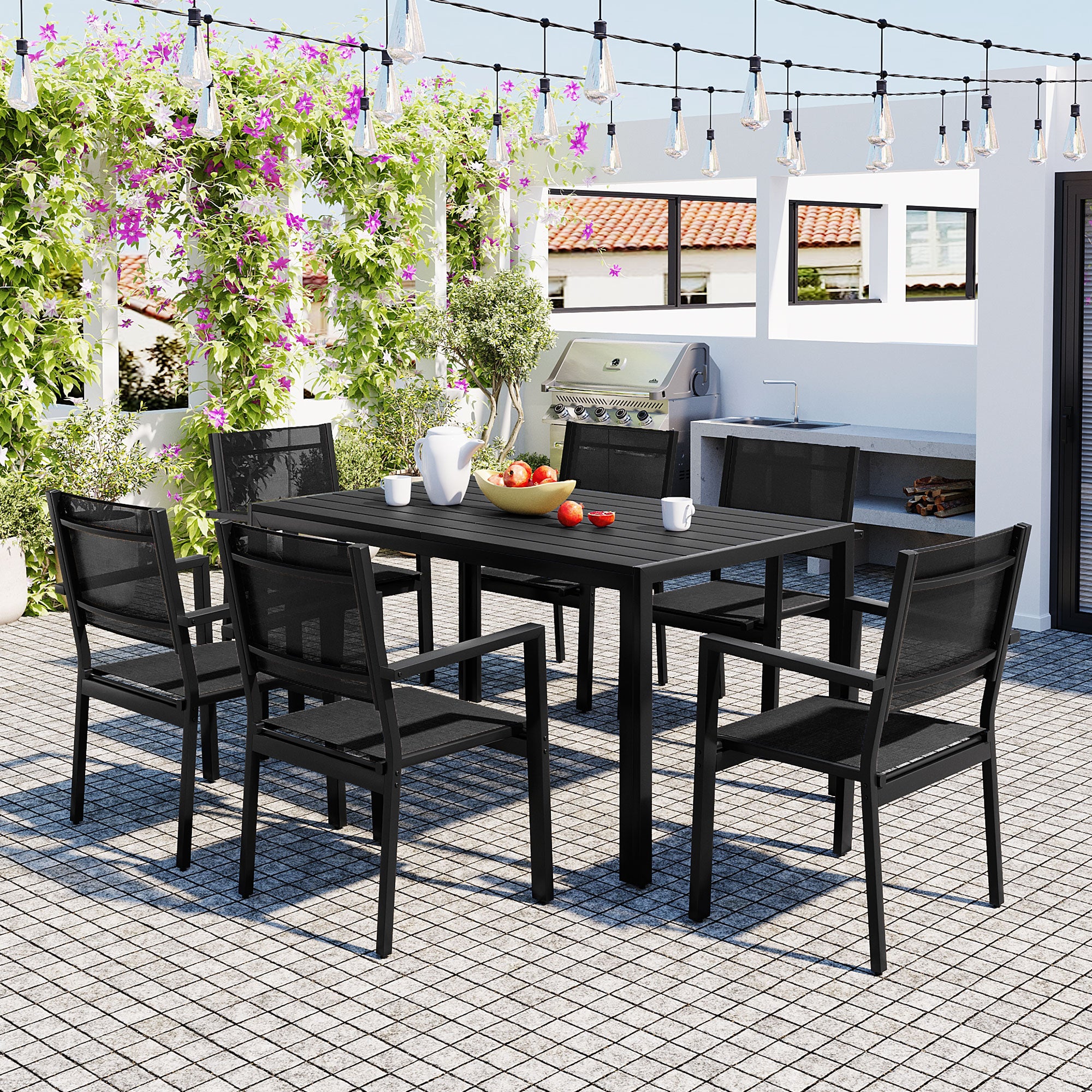 U-Style 6-Seater Outdoor Dining Set: Durable Steel Patio Furniture, Modern Black Balcony & Backyard Table & Chairs, 58.3" W, Easy Assembly, Residential Use