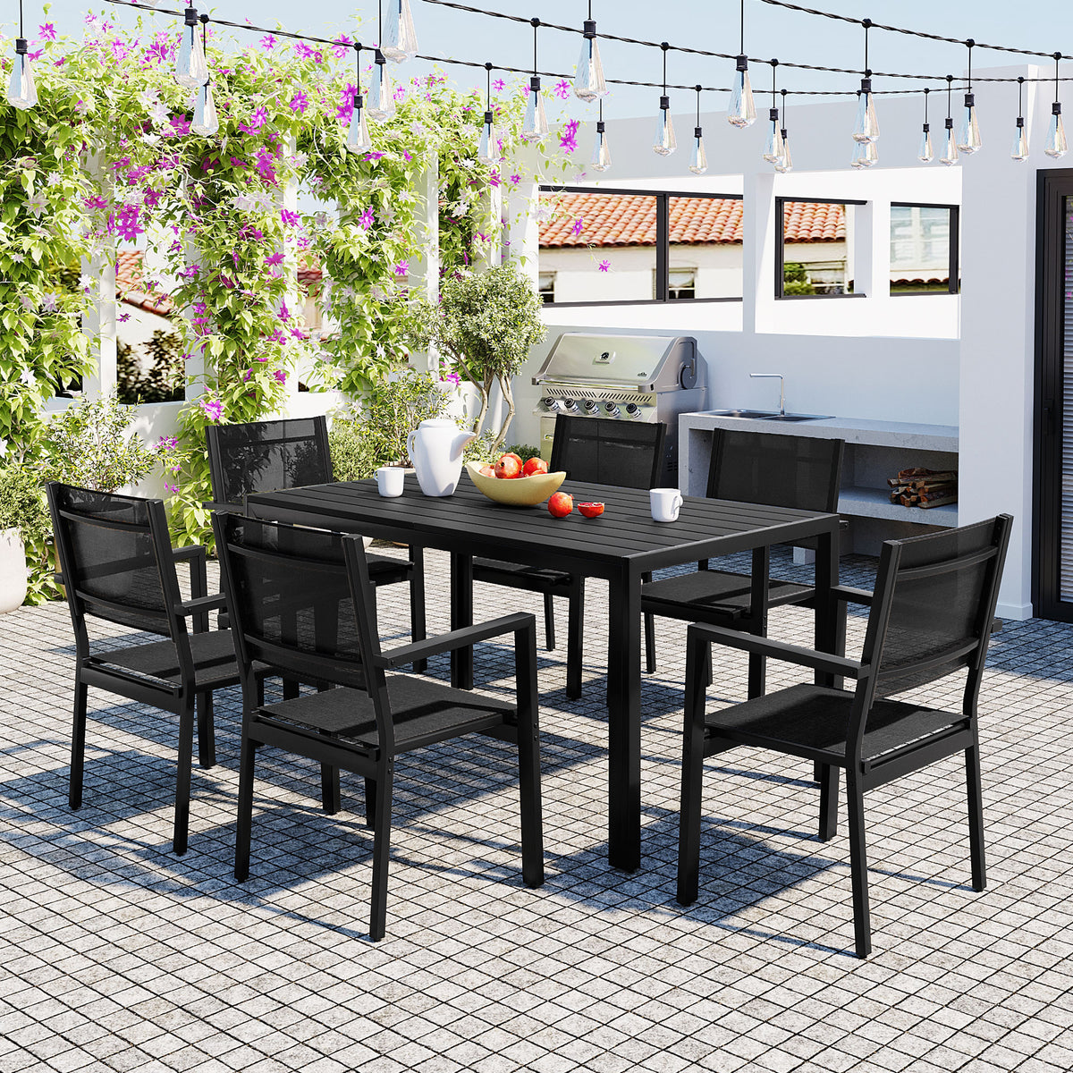U-Style 6-Seater Outdoor Dining Set: Durable Steel Patio Furniture, Modern Black Balcony & Backyard Table & Chairs, 58.3" W, Easy Assembly, Residential Use