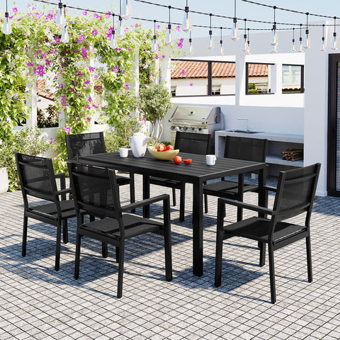 U-Style 6-Seater Outdoor Dining Set: Durable Steel Patio Furniture, Modern Black Balcony & Backyard Table & Chairs, 58.3" W, Easy Assembly, Residential Use