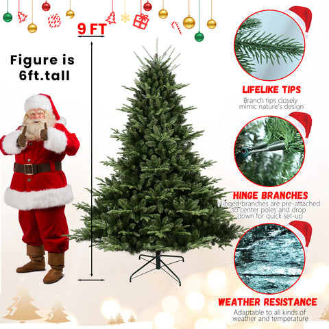 9ft Full Christmas Tree - 3451 PE/PVC Mixed Tips, Hinged Branches, Wide Base for Large Spaces, Durable Metal Stand, Lush Green, Easy Setup for Home Decor
