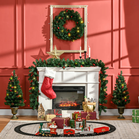 HOMCOM 4-Piece Prelit Christmas Decor Set: 3ft Green Trees, Garland &amp; Wreath with Warm White LEDs, Red Berries, Pine Cones for Indoor/Outdoor Entryway