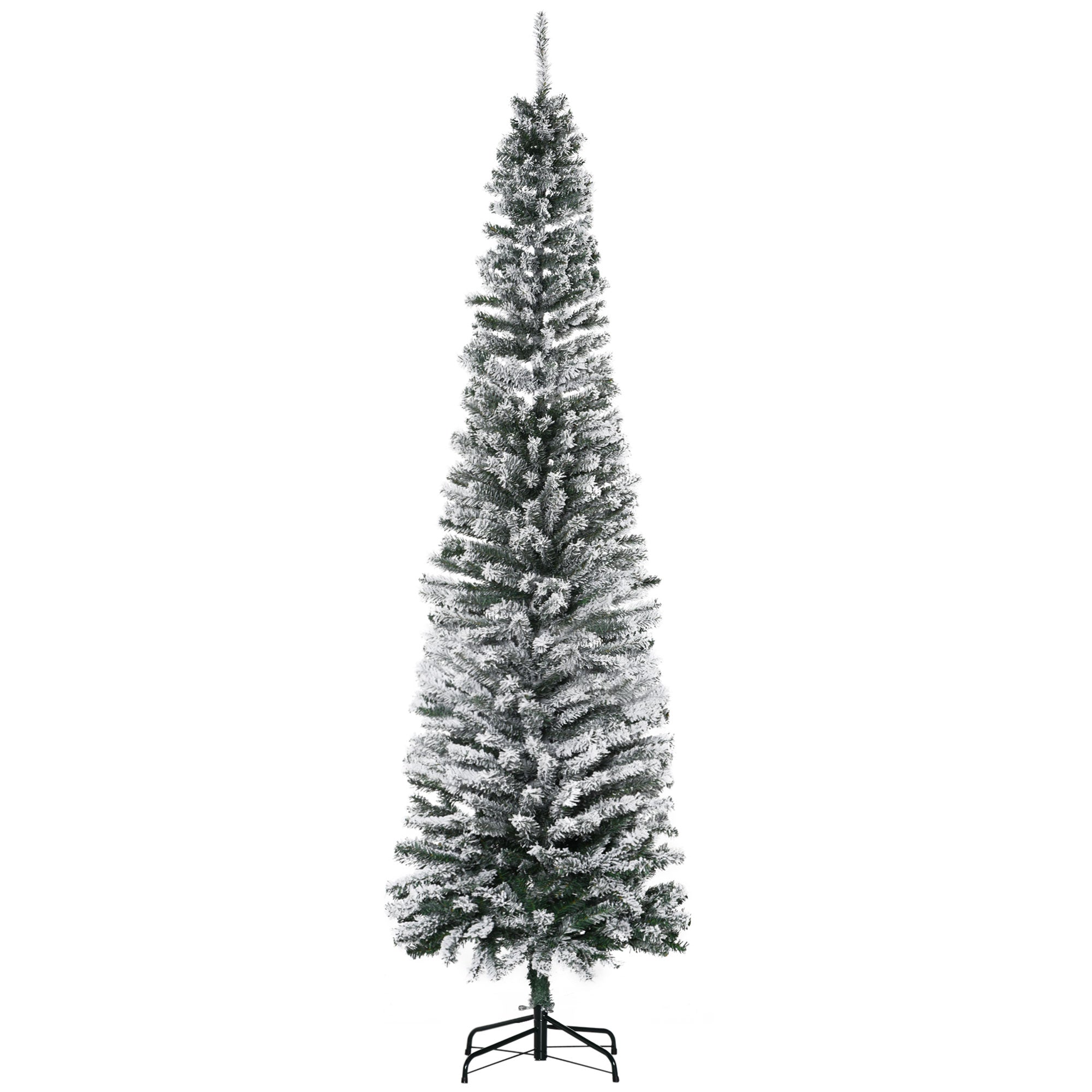 HOMCOM 7.5ft Snow-Flocked Slim Artificial Christmas Tree | Realistic PVC Branches, 738 Tips | Green, Unlit | Sturdy Metal Base for Home Holiday Decor