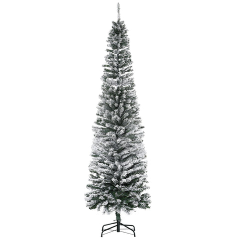 HOMCOM 7.5ft Snow-Flocked Slim Artificial Christmas Tree | Realistic PVC Branches, 738 Tips | Green, Unlit | Sturdy Metal Base for Home Holiday Decor