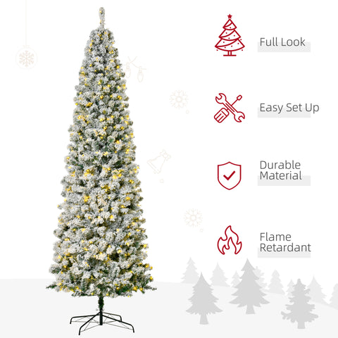 HOMCOM 9ft Snow-Flocked Slim Douglas Fir Artificial Christmas Tree, 550 Warm White LED Lights, 988 Realistic PVC Tips, Hinged Design, Sturdy Steel Base for Indoor Holiday Decor
