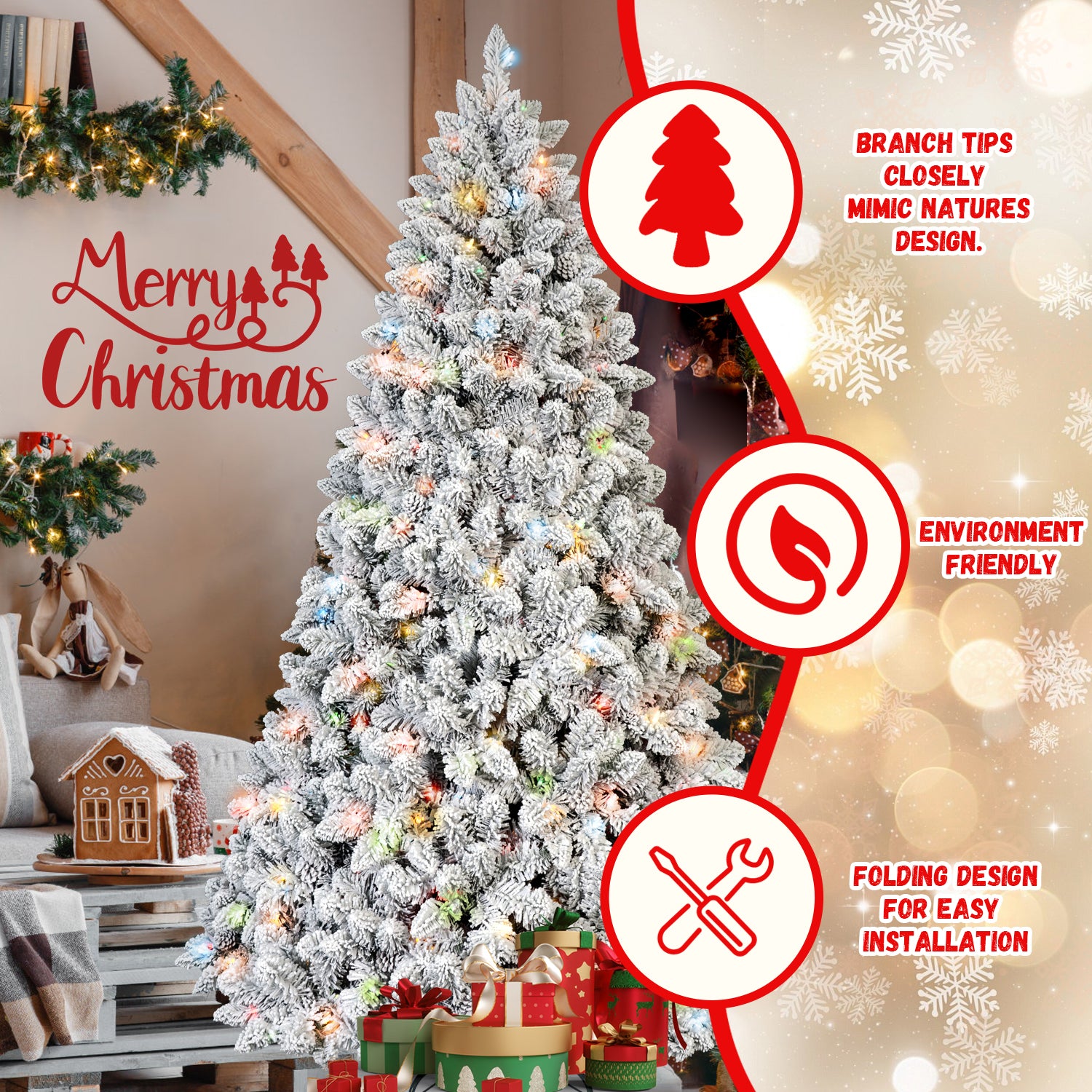 4FT Snow-Flocked Christmas Tree | 150 Colorful UL Lights | 21 Natural Pine Cones | 366 Snowy PVC Tips | Hinged Branches | Metal Stand | Easy Setup | Winter Wonderland Decor