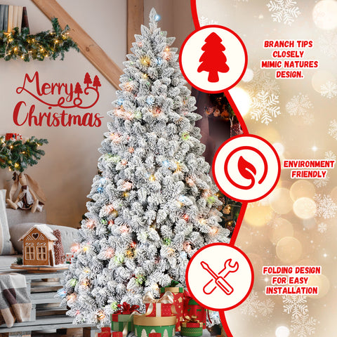 4FT Snow-Flocked Christmas Tree | 150 Colorful UL Lights | 21 Natural Pine Cones | 366 Snowy PVC Tips | Hinged Branches | Metal Stand | Easy Setup | Winter Wonderland Decor
