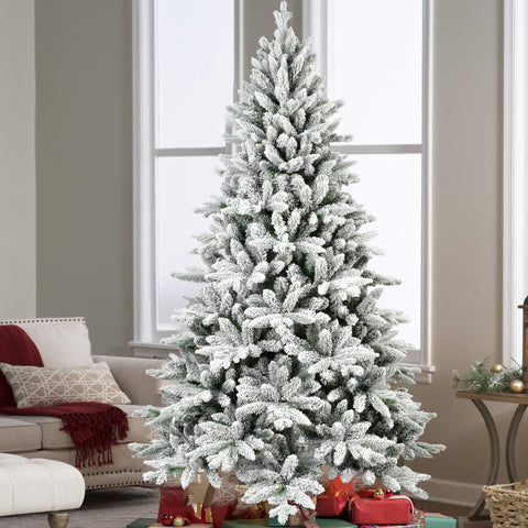 6ft Snowy Flocked Christmas Tree: 1100 Tips, Realistic PE+PVC Hinged Artificial Xmas Tree with Metal Stand for Cozy Holiday Home Decor, White