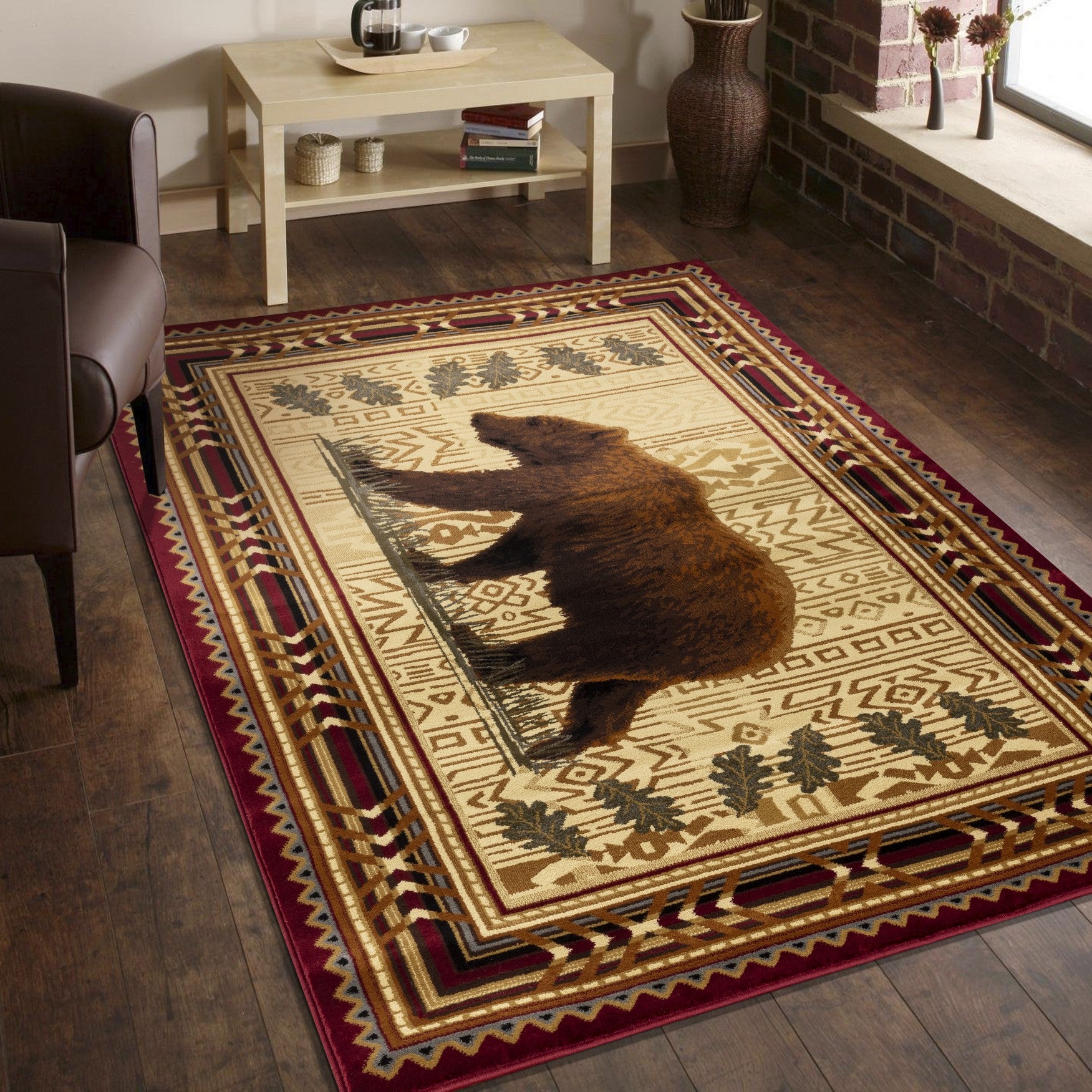 Nature's Nest GC_CBL3007 7'10"x10'3" Lodge Area Rug: Red Polypropylene, Southwestern Bear Design, Stain-Resistant, Durable for Living Room, Dining, Entryway, Turkey Made