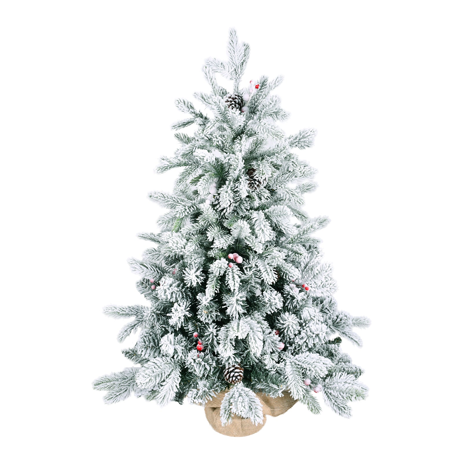 3FT Flocked Snow Christmas Tree | 355 PE/PVC Tips, Pine Cones &amp; Berries | Rustic Burlap Cement Base | Small Decorative Holiday Tree for Tabletop, Desk, Home &amp; Office Decor