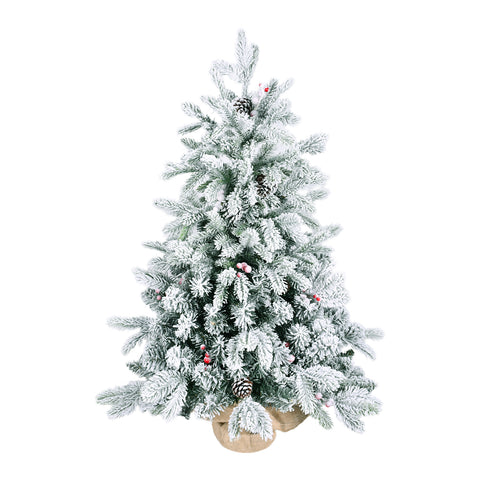 3FT Flocked Snow Christmas Tree | 355 PE/PVC Tips, Pine Cones &amp; Berries | Rustic Burlap Cement Base | Small Decorative Holiday Tree for Tabletop, Desk, Home &amp; Office Decor