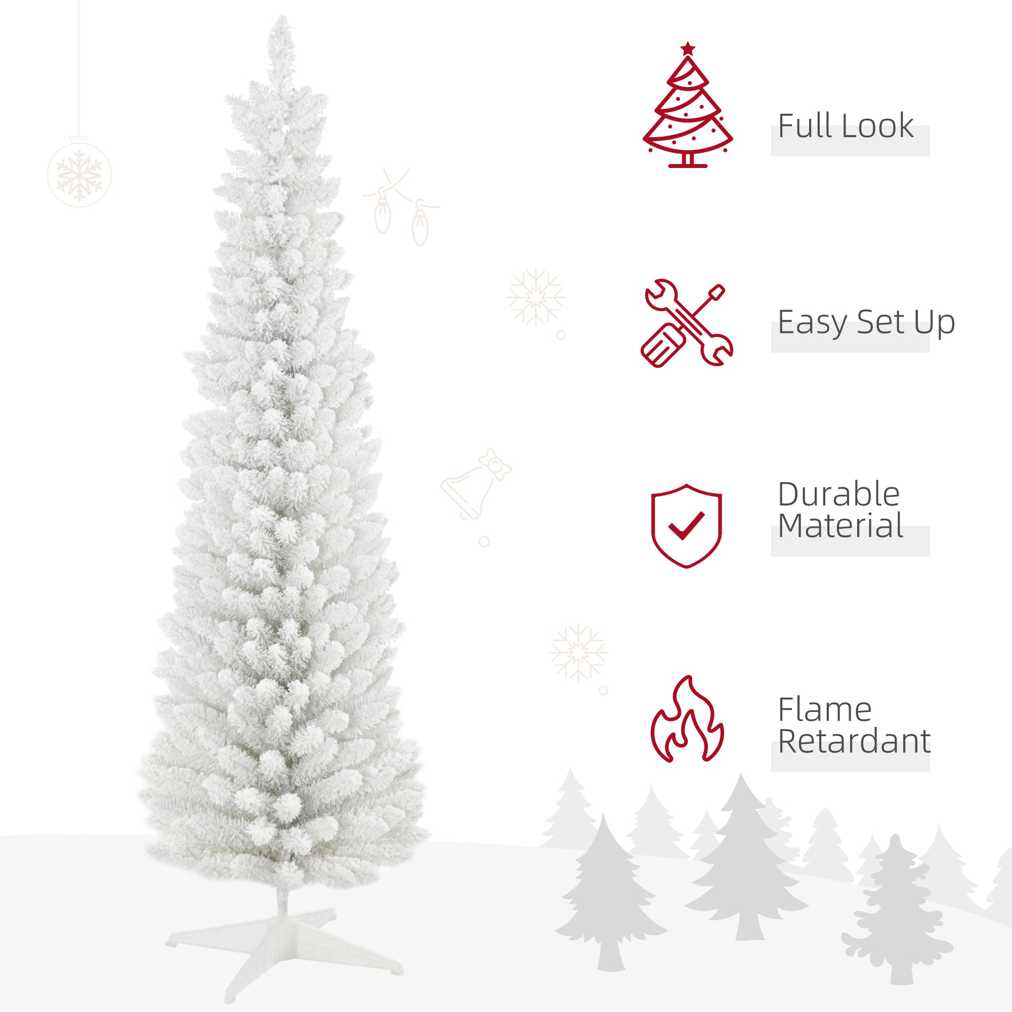 HOMCOM 6ft Snow Flocked Pencil Christmas Tree, Slim White Xmas Tree with Realistic Branches & Plastic Base for Indoor Home Decor. Easy Assembly & Storage.