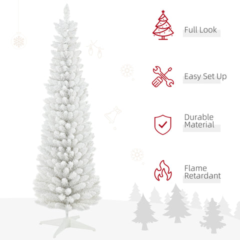 HOMCOM 6ft Snow Flocked Pencil Christmas Tree, Slim White Xmas Tree with Realistic Branches & Plastic Base for Indoor Home Decor. Easy Assembly & Storage.