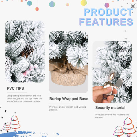 3FT Flocked Snowy Christmas Tree, 170 Tips, PE/PVC & Pine Needle Branches, Pine Cones & Red Berries Decor - Compact White & Green Holiday Tree for Tabletop, Entryway, Office Decor