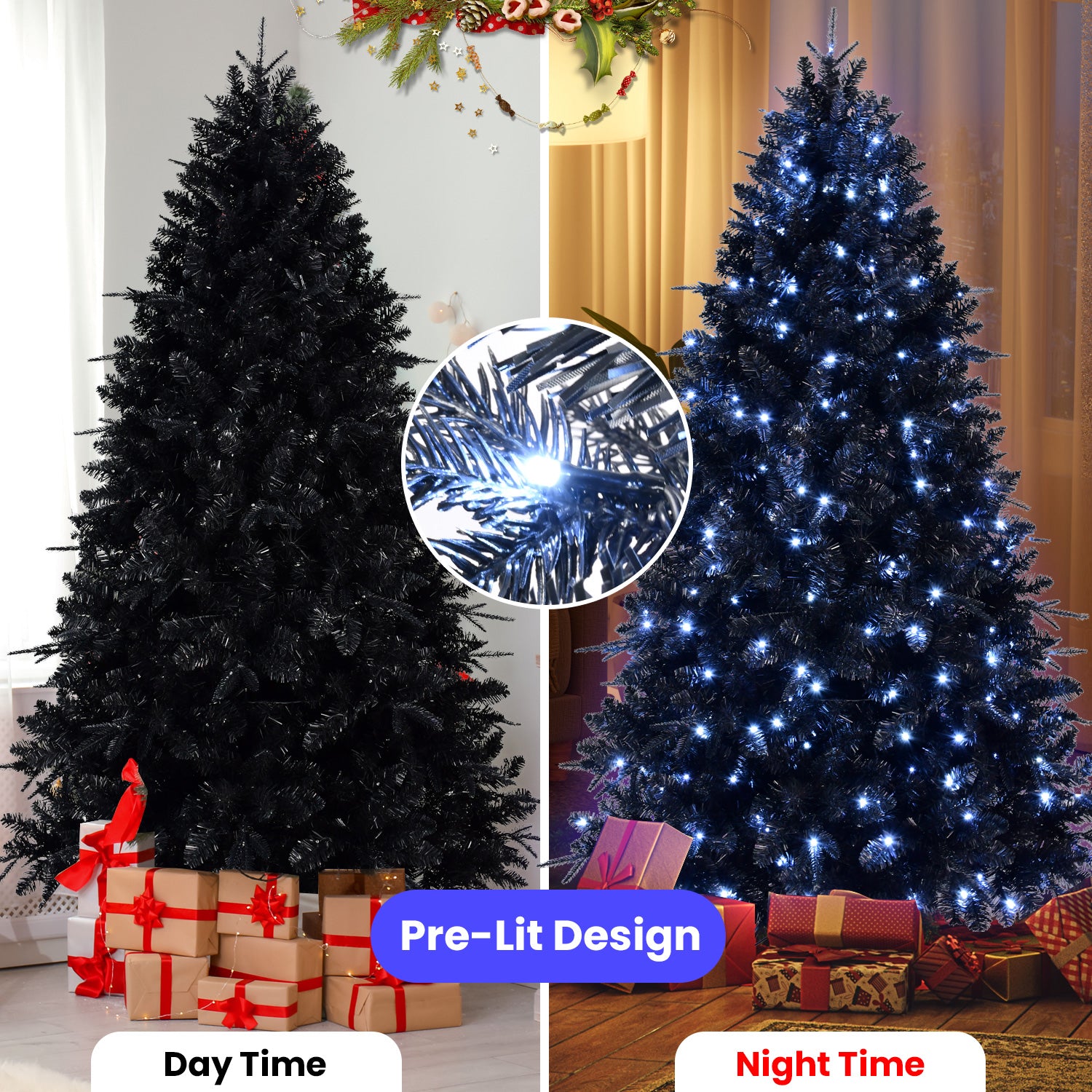 5ft Black Artificial Christmas Tree with 250 White LED Lights &amp; 1076 PE+PVC Tips. Hinged &amp; Easy Setup. Stable Metal Stand for Halloween &amp; Holiday Decor.