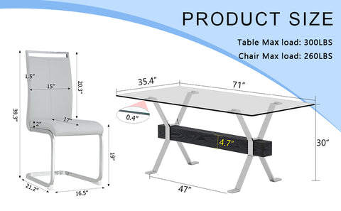 Elegant 8-Seater Dining Set: 71" Clear Tempered Glass Table &amp; 8 Light Gray PU Chairs with Silver Metal Legs for Modern Kitchens &amp; Dining Rooms