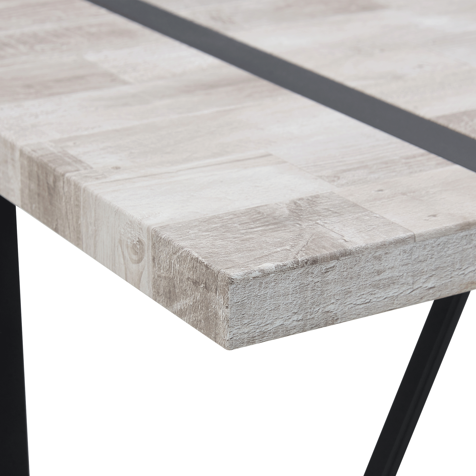 Table and chair set.A minimalist retro rectangular dining table with a specially textured top and black metal legs.Paired With 4 Black Artificial PU Chairs With Curved Widened Cushion Design.