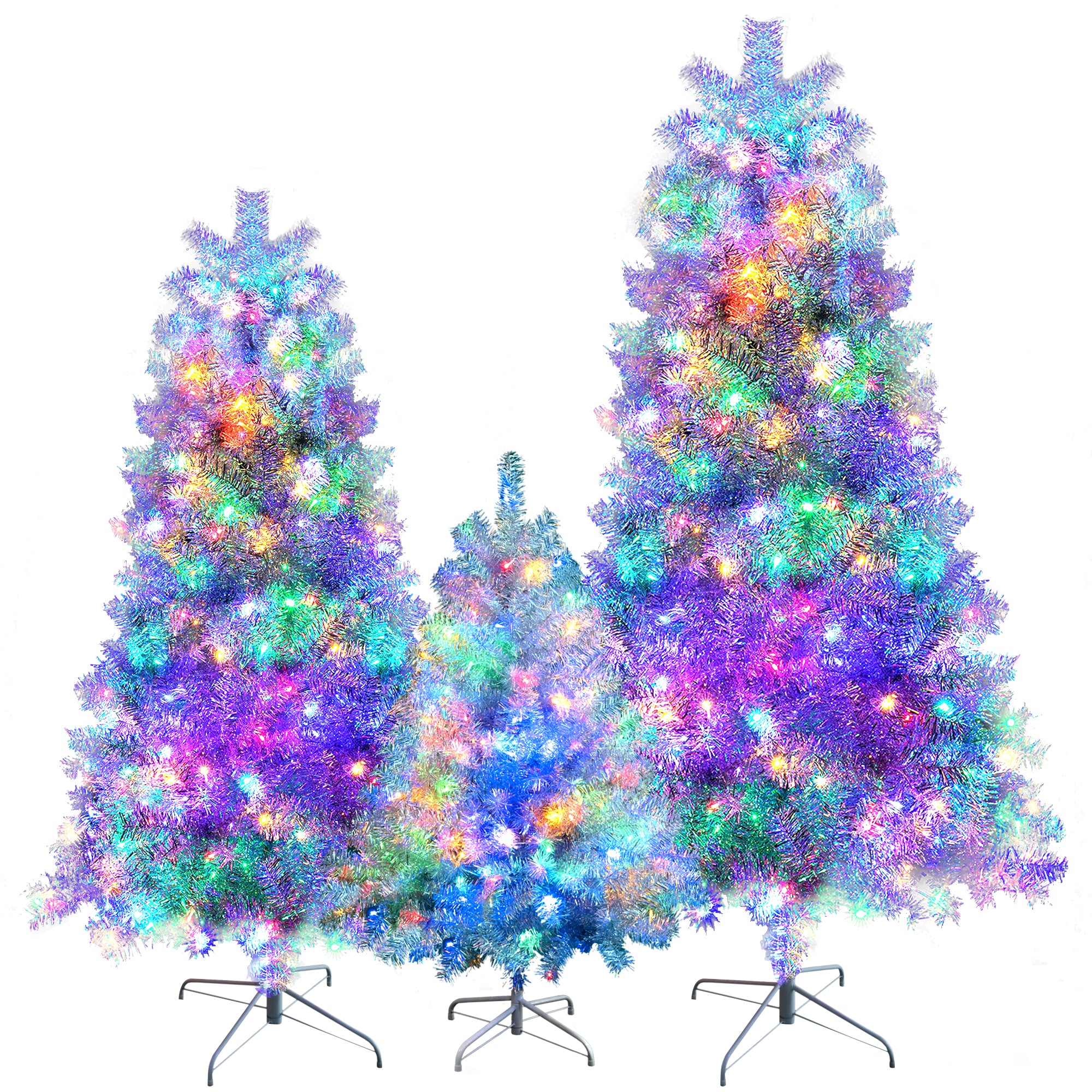 7.4FT, 6FT, 4FT Silver Pre-Lit Hinged Artificial Christmas Tree Set - 2400 Branch Tips, 850 LED Lights, 11 Modes - Metallic Spruce Xmas Decor for Home, Office, School
