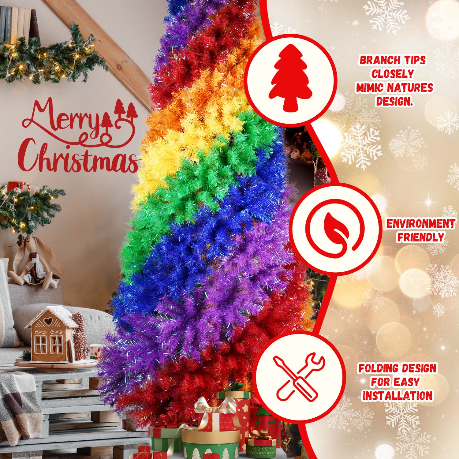 7.5ft Rainbow Spiral Christmas Tree: Vibrant PVC Artificial Holiday Tree with 1825 Lush Tips &amp; Sturdy Metal Stand for Indoor Festive Decor
