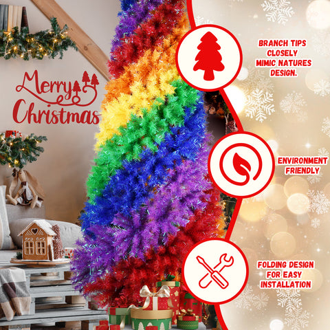 7.5ft Rainbow Spiral Christmas Tree: Vibrant PVC Artificial Holiday Tree with 1825 Lush Tips &amp; Sturdy Metal Stand for Indoor Festive Decor