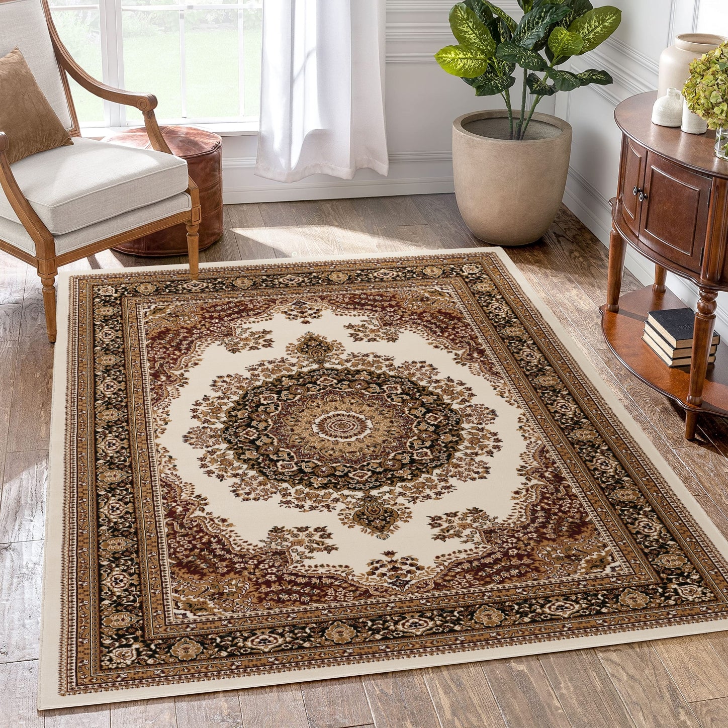 Manchester GC HER5006 Ivory Multi 7'10" x 10'6" Traditional Medallion Area Rug | Luxury Polypropylene, Stain-Resistant, Durable for High Traffic | Made in Turkey