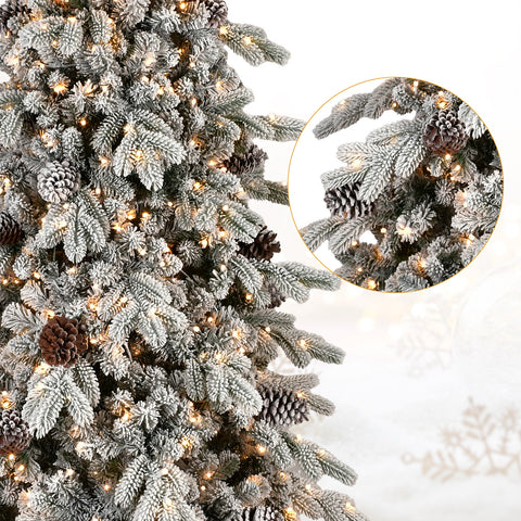 9FT Flocked Snow-Kissed Christmas Tree | 2138 Tips, 1250 Warm White LEDs, 52 Pine Cones | Hinged Branches, Metal Stand | Slim Design for Home & Office Decor