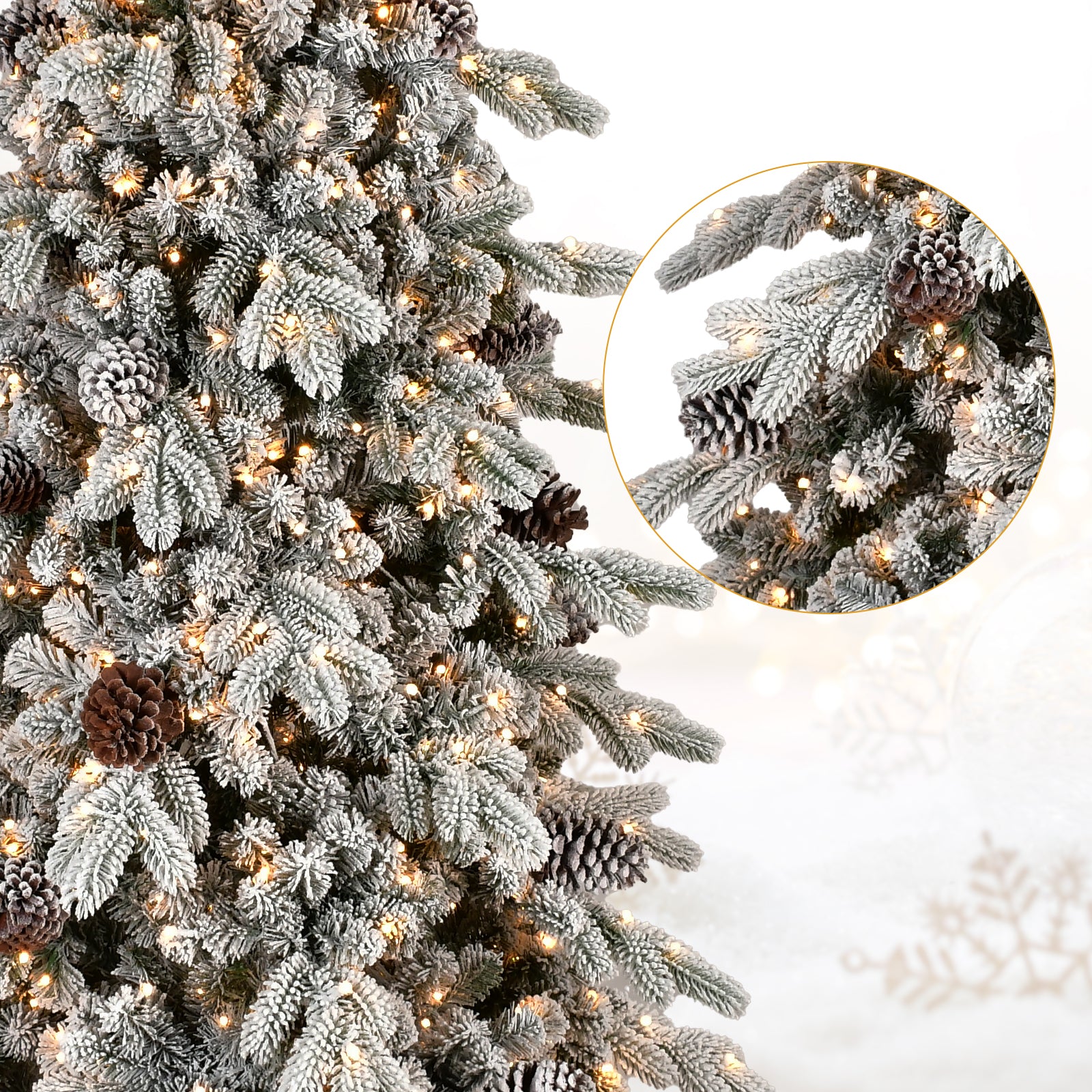 6FT Flocked Christmas Tree - 935 Tips, Snowy White &amp; Green PE/PVC Tree with 600 Warm White LEDs &amp; 31 Pine Cones. Hinged Branches, Metal Stand for Festive Home Decor