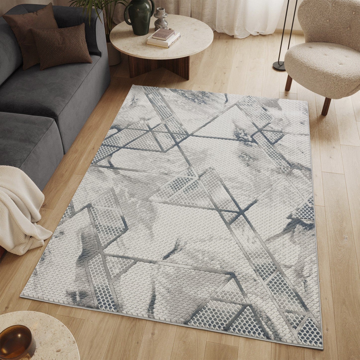 Geometrix GC_DIM1006 Modern Geometric Area Rug, 5'3" x 7'3", Ivory &amp; Grey, 100% Polyester, 0.43" Pile, Made in Turkey for Living Room, Bedroom, Office