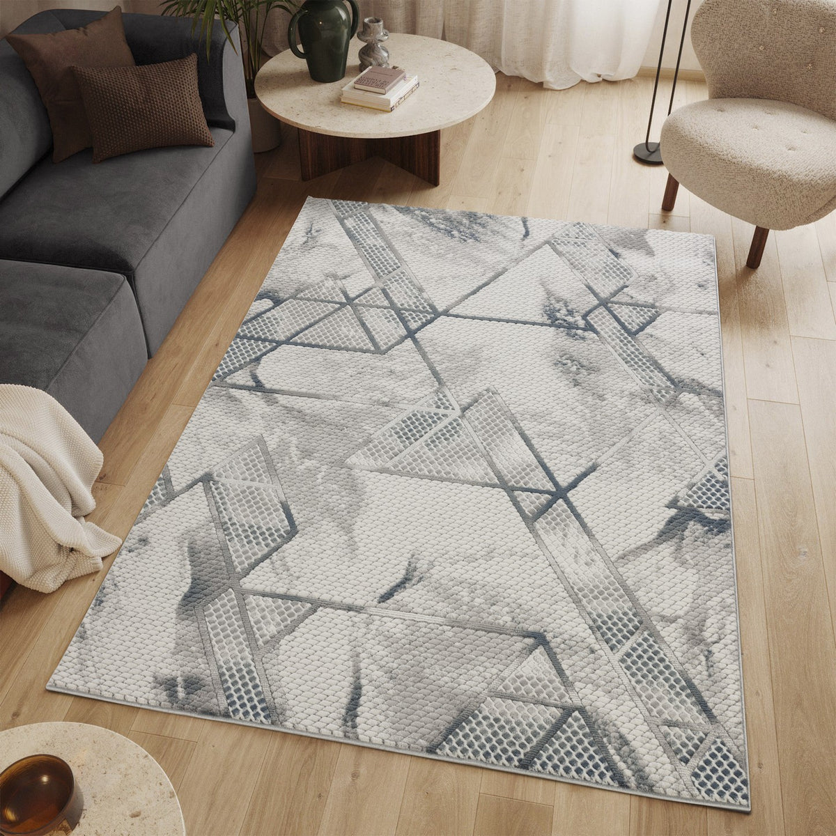 Geometrix GC_DIM1006 Modern Geometric Area Rug, 5'3" x 7'3", Ivory &amp; Grey, 100% Polyester, 0.43" Pile, Made in Turkey for Living Room, Bedroom, Office