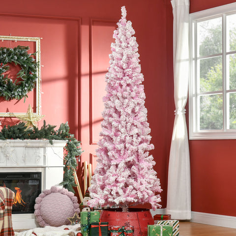 HOMCOM 7.5ft Pink Snow Flocked Pencil Christmas Tree: Realistic Slim Artificial Pine with Auto-Open, Flame-Retardant Plastic for Festive Home Decor & Holiday Ambiance