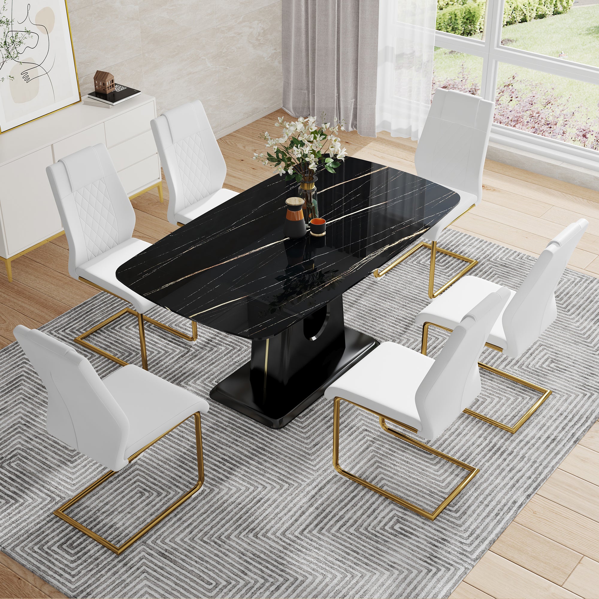 Modern Minimalist Dining Table Set with Imitation Marble Glass Top & Comfortable Chairs, Seats 4-8, U-Bracket MDF Legs, Black+Gold, Perfect for Dining & Living Rooms