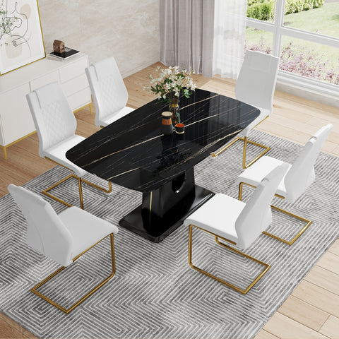 Modern Minimalist Dining Table Set with Imitation Marble Glass Top & Comfortable Chairs, Seats 4-8, U-Bracket MDF Legs, Black+Gold, Perfect for Dining & Living Rooms