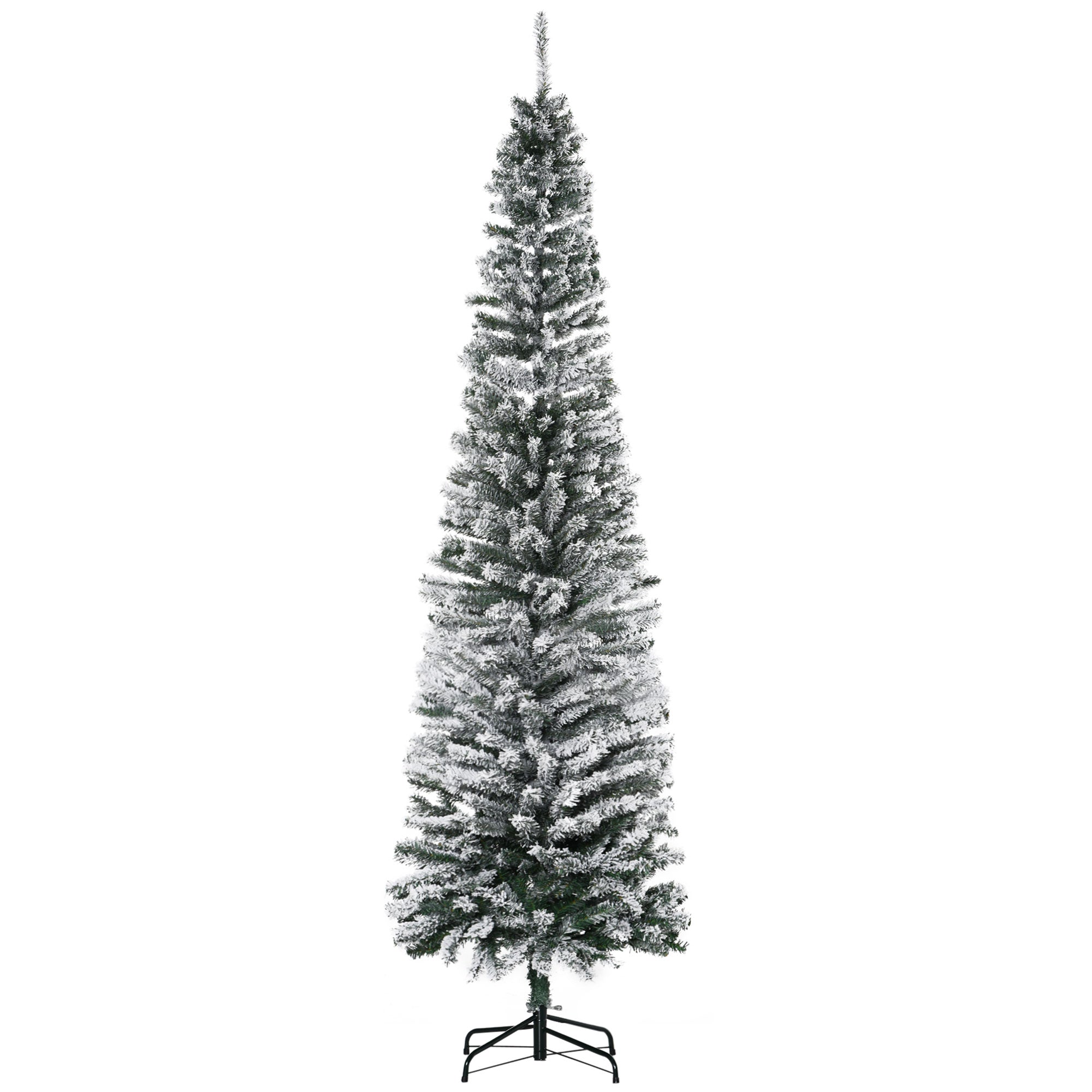 HOMCOM 7.5ft Snow-Flocked Slim Artificial Christmas Tree | Realistic PVC Branches, 738 Tips | Green, Unlit | Sturdy Metal Base for Home Holiday Decor