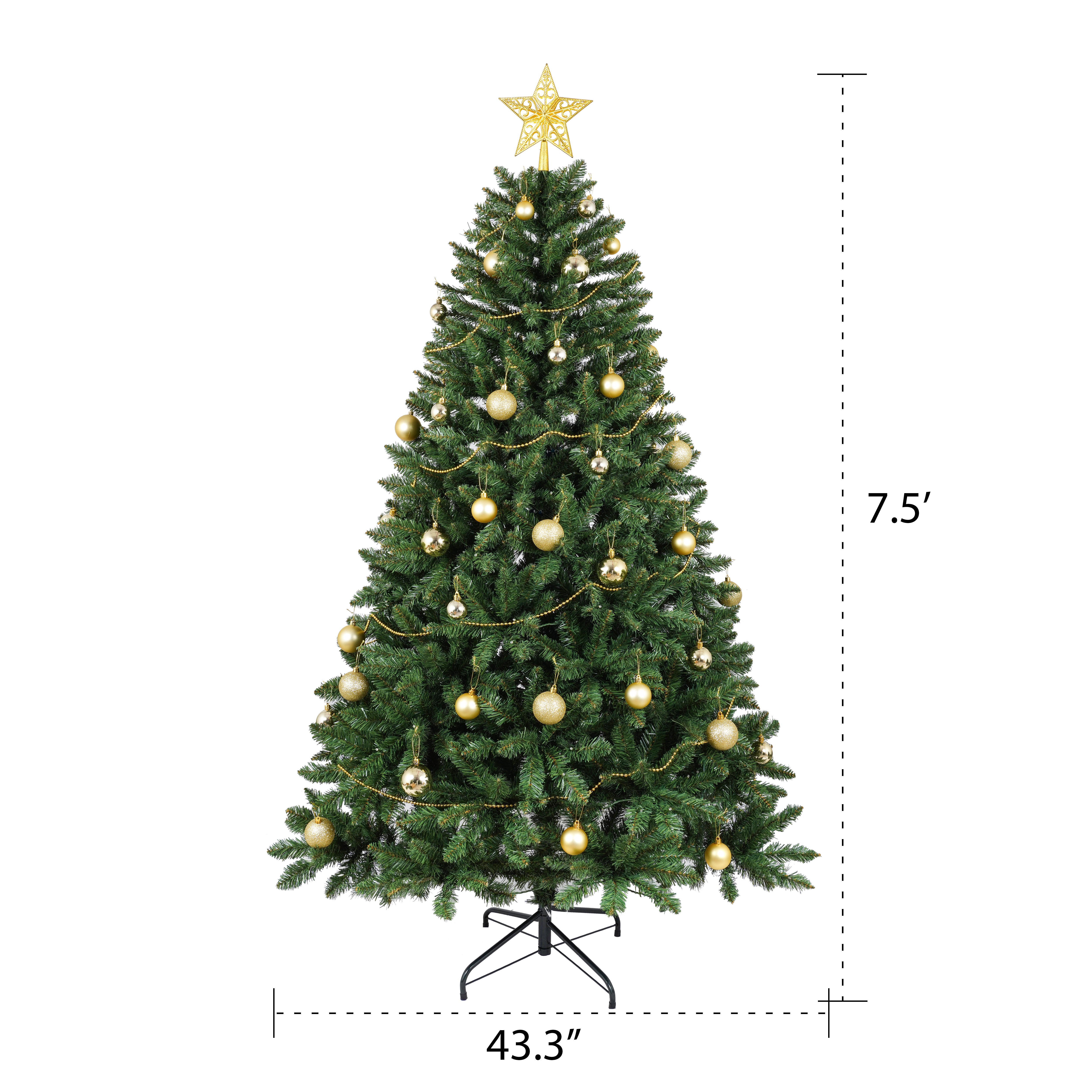 7.5FT Green Artificial Christmas Tree: 550 Warm White LED Lights, 1350 Realistic PVC &amp; Hard Needle Tips, Hinged Branches, Sturdy Metal Stand for Festive Holiday Home Decor