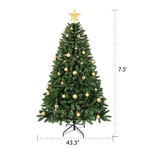7.5FT Green Artificial Christmas Tree: 550 Warm White LED Lights, 1350 Realistic PVC &amp; Hard Needle Tips, Hinged Branches, Sturdy Metal Stand for Festive Holiday Home Decor