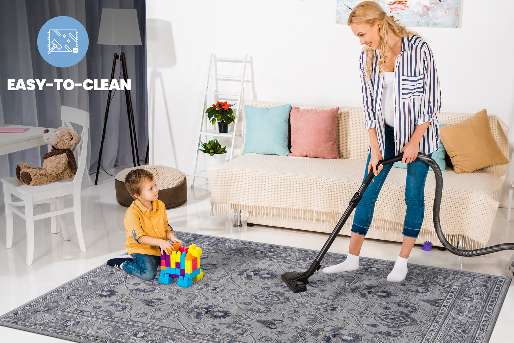 MARFI Collection 6x9 Oriental Area Rug - Stain Resistant, Non-Shedding Polyester in Grey &amp; Blue - Durable, Easy Care for Living Room, Bedroom, Entryway, Home Office