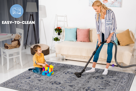 MARFI Collection 5x7 Oriental Area Rug - Stain Resistant &amp; Non-Shedding Polyester for Living Room, Bedroom, Entryway - Durable, Easy Care, Grey &amp; Blue, Turkish Made