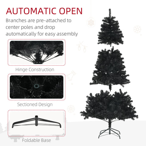 HOMCOM 6ft Black Artificial Christmas Tree: Auto-Open, 1000 Branch Tips, Steel Base, Flame-Retardant for Home &amp; Office Holiday Decor